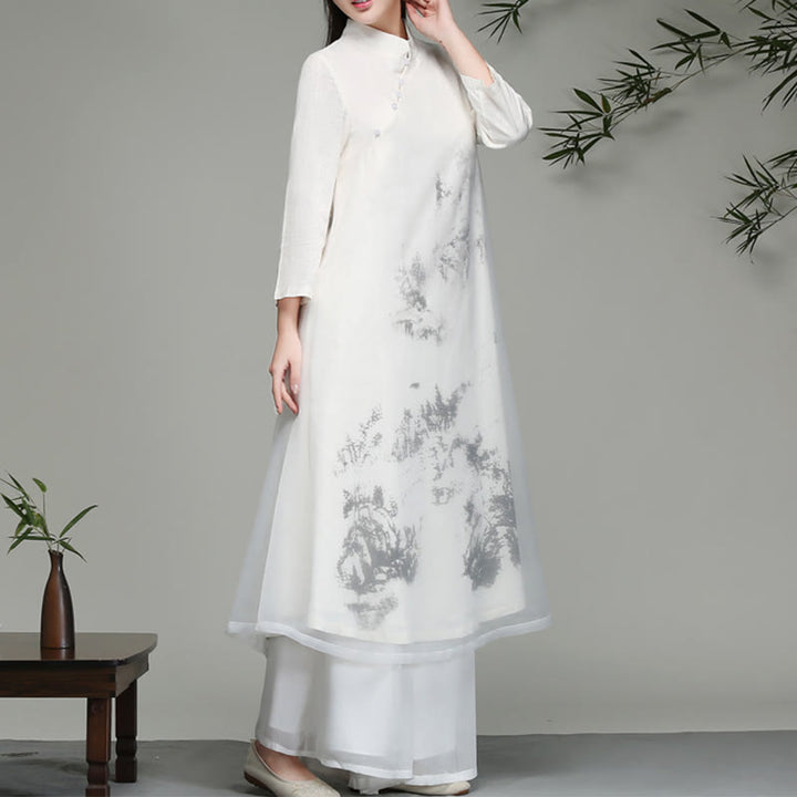 Robe mi-longue en mousseline de soie à manches longues et boutons grenouille chinois, motifs Buddha Stones