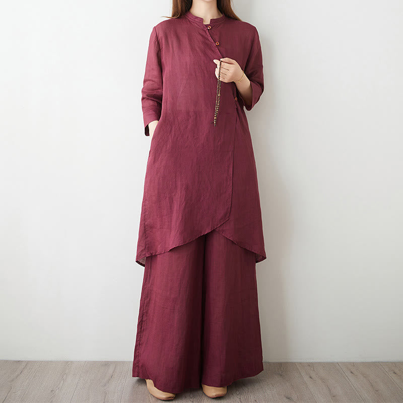 Ensemble 2 Buddha Stones pour femme, chemise à manches trois-quarts, pantalon, méditation, zen, tai-chi, coton et lin - Rouge indien - US8-10，UK/AU12-14，EU40-42 (2XL) - image 0
