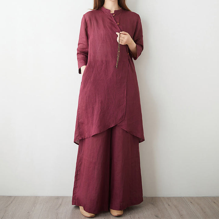 Ensemble 2 Buddha Stones pour femme, chemise à manches trois-quarts, pantalon, méditation, zen, tai-chi, coton et lin - Rouge indien - US8-10，UK/AU12-14，EU40-42 (2XL) - image 0