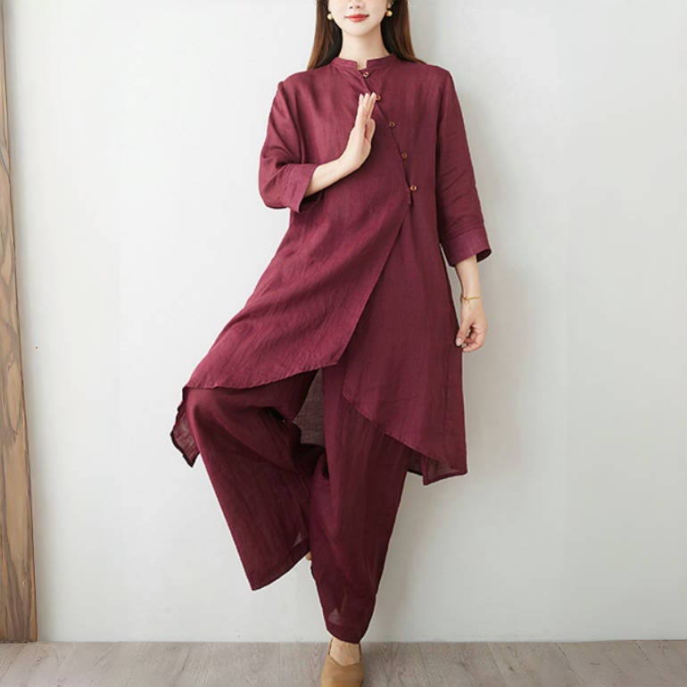 Ensemble 2 Buddha Stones pour femme, chemise à manches trois-quarts, pantalon, méditation, zen, tai-chi, coton et lin - image 1