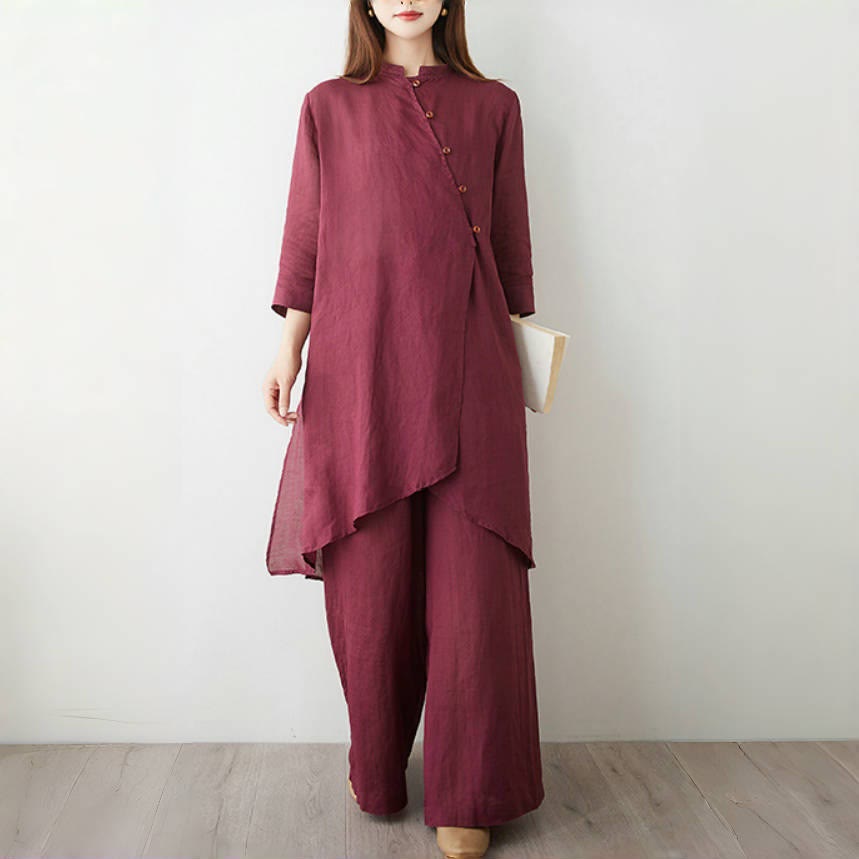 Ensemble 2 Buddha Stones pour femme, chemise à manches trois-quarts, pantalon, méditation, zen, tai-chi, coton et lin - image 3