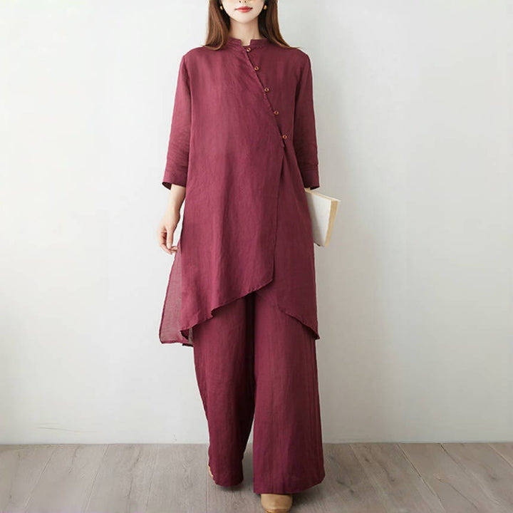 Ensemble 2 Buddha Stones pour femme, chemise à manches trois-quarts, pantalon, méditation, zen, tai-chi, coton et lin - image 3