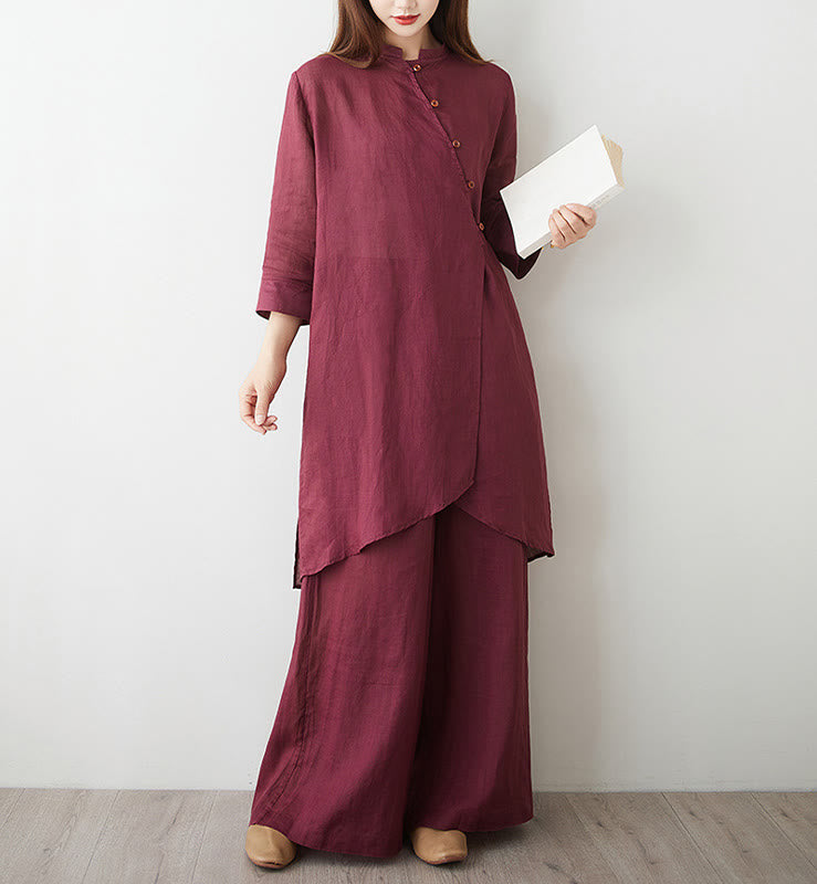 Ensemble 2 Buddha Stones pour femme, chemise à manches trois-quarts, pantalon, méditation, zen, tai-chi, coton et lin - image 4
