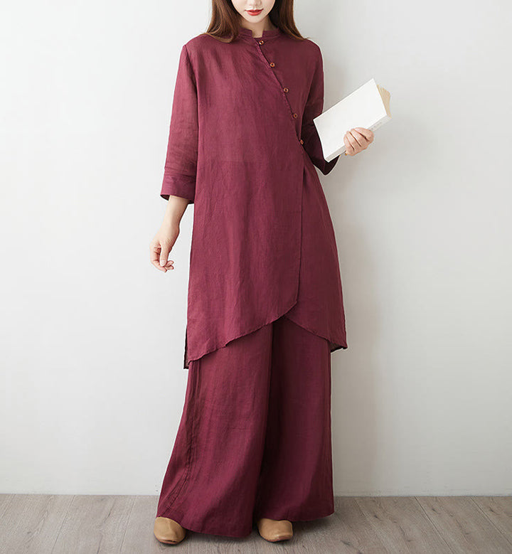 Ensemble 2 Buddha Stones pour femme, chemise à manches trois-quarts, pantalon, méditation, zen, tai-chi, coton et lin - image 4