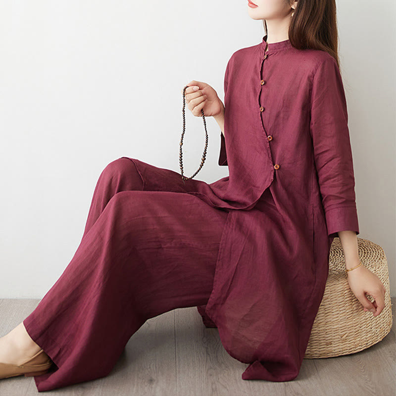 Ensemble 2 Buddha Stones pour femme, chemise à manches trois-quarts, pantalon, méditation, zen, tai-chi, coton et lin - image 5