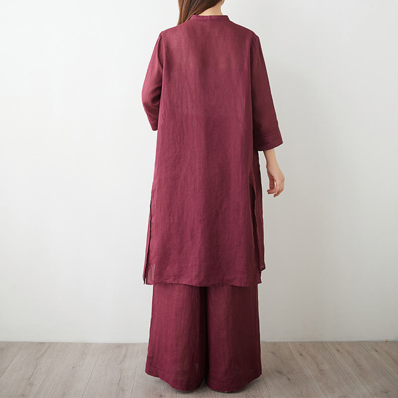 Ensemble 2 Buddha Stones pour femme, chemise à manches trois-quarts, pantalon, méditation, zen, tai-chi, coton et lin - image 2