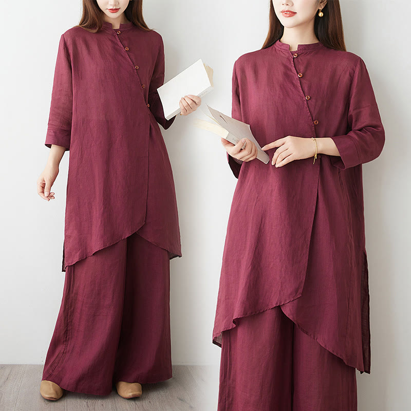 Ensemble 2 Buddha Stones pour femme, chemise à manches trois-quarts, pantalon, méditation, zen, tai-chi, coton et lin - image 9