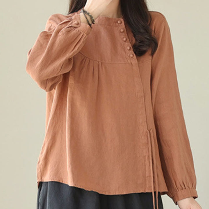 Chemise décontractée à manches longues et col montant pour femme, motif Buddha Stones , couleur unie, en coton et lin