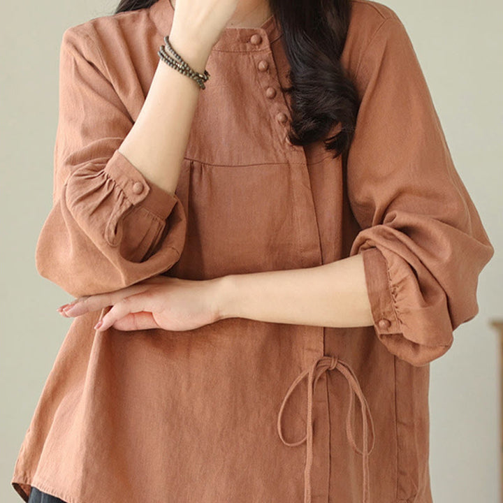 Chemise décontractée à manches longues et col montant pour femme, motif Buddha Stones , couleur unie, en coton et lin - image 2