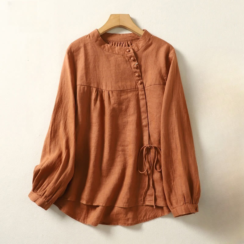 Chemise décontractée à manches longues et col montant pour femme, motif Buddha Stones , couleur unie, en coton et lin - image 1