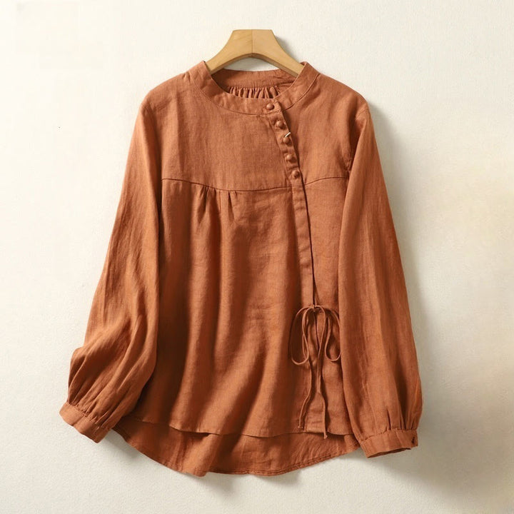 Chemise décontractée à manches longues et col montant pour femme, motif Buddha Stones , couleur unie, en coton et lin - image 1