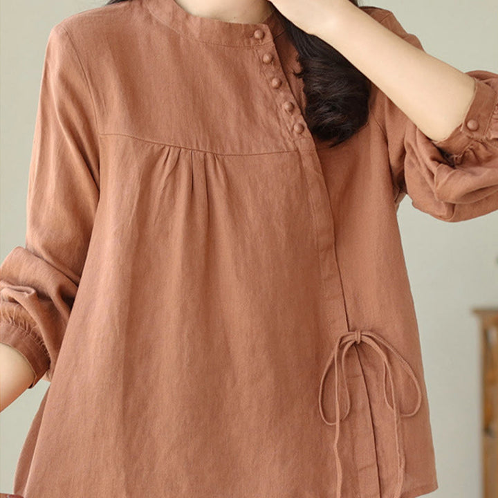 Chemise décontractée à manches longues et col montant pour femme, motif Buddha Stones , couleur unie, en coton et lin