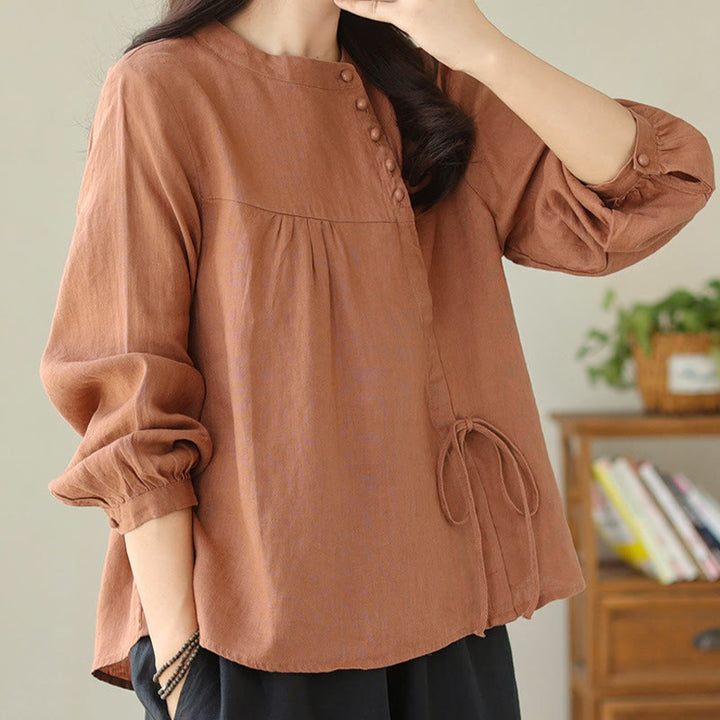 Chemise décontractée à manches longues et col montant pour femme, motif Buddha Stones , couleur unie, en coton et lin - image 6