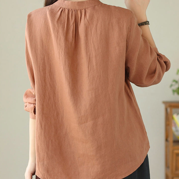 Chemise décontractée à manches longues et col montant pour femme, motif Buddha Stones , couleur unie, en coton et lin - image 4