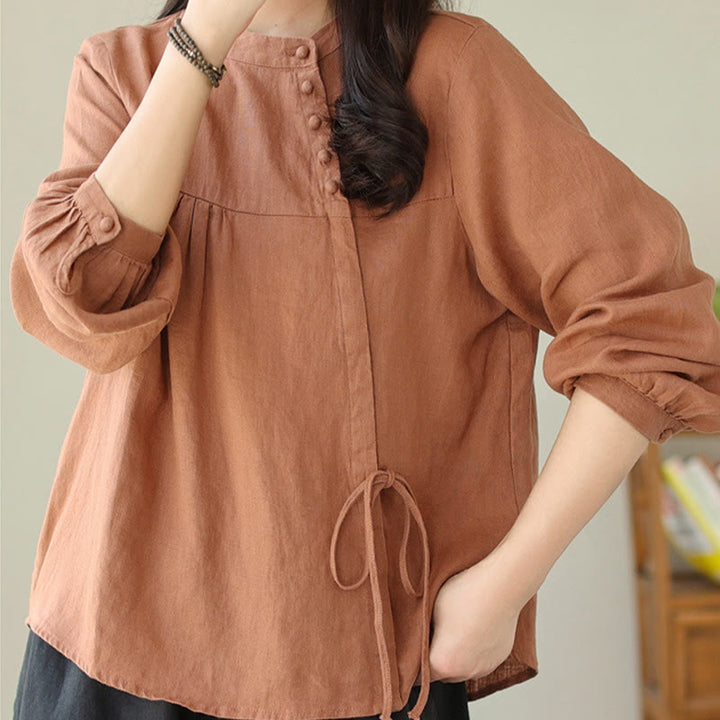Chemise décontractée à manches longues et col montant pour femme, motif Buddha Stones , couleur unie, en coton et lin