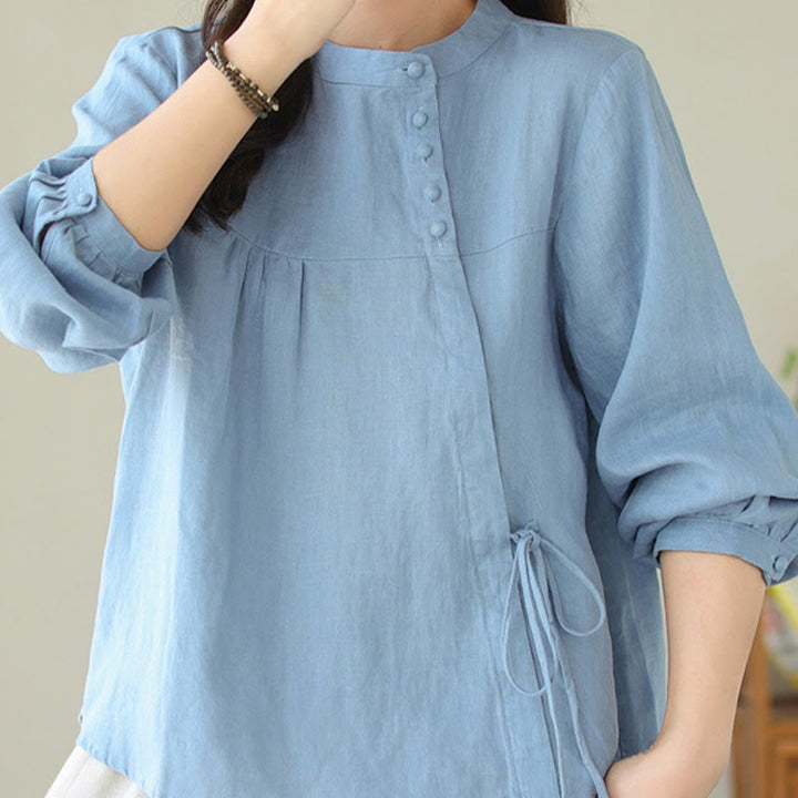 Chemise décontractée à manches longues et col montant pour femme, motif Buddha Stones , couleur unie, en coton et lin