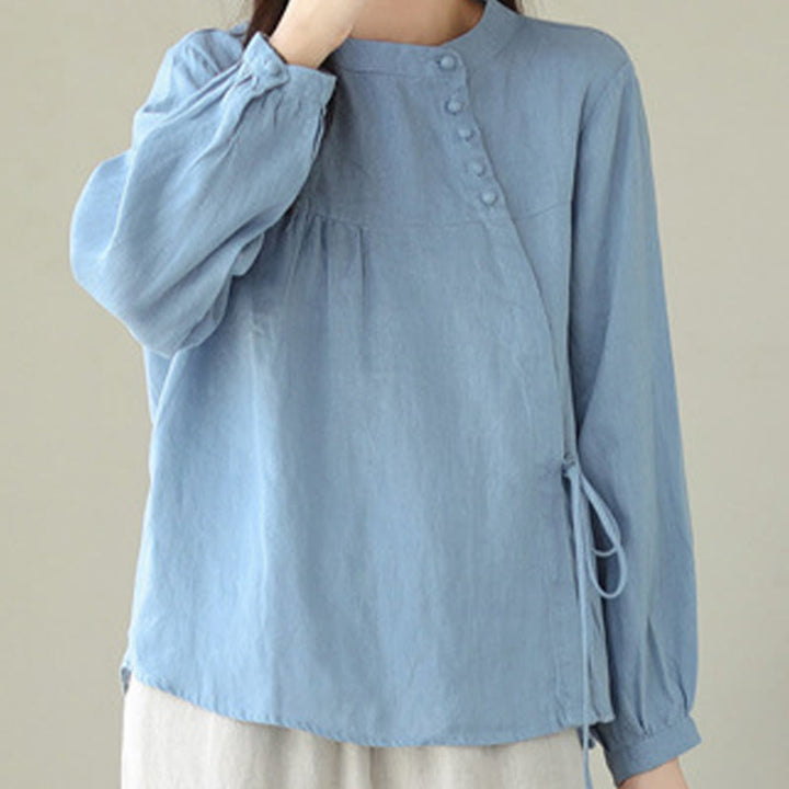 Chemise décontractée à manches longues et col montant pour femme, motif Buddha Stones , couleur unie, en coton et lin - image 9