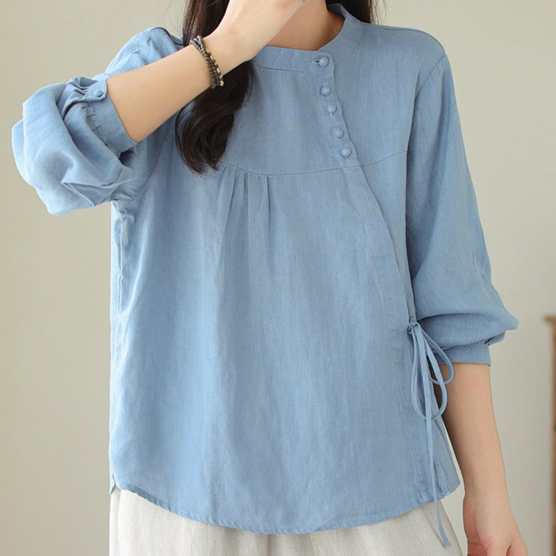 Chemise décontractée à manches longues et col montant pour femme, motif Buddha Stones , couleur unie, en coton et lin