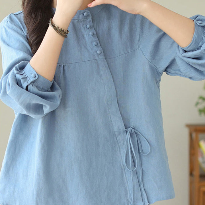Chemise décontractée à manches longues et col montant pour femme, motif Buddha Stones , couleur unie, en coton et lin