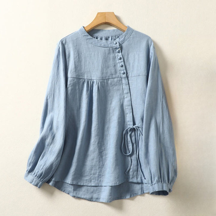 Chemise décontractée à manches longues et col montant pour femme, motif Buddha Stones , couleur unie, en coton et lin