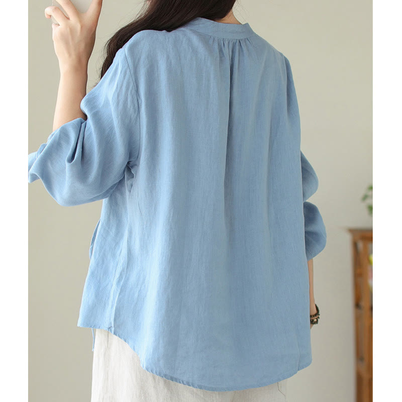 Chemise décontractée à manches longues et col montant pour femme, motif Buddha Stones , couleur unie, en coton et lin - image 12