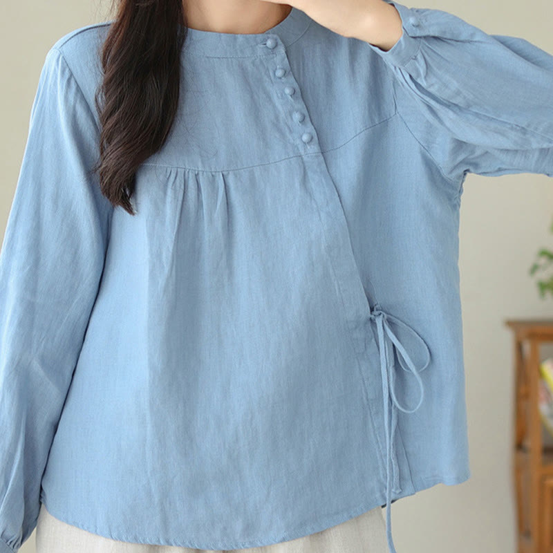 Chemise décontractée à manches longues et col montant pour femme, motif Buddha Stones , couleur unie, en coton et lin