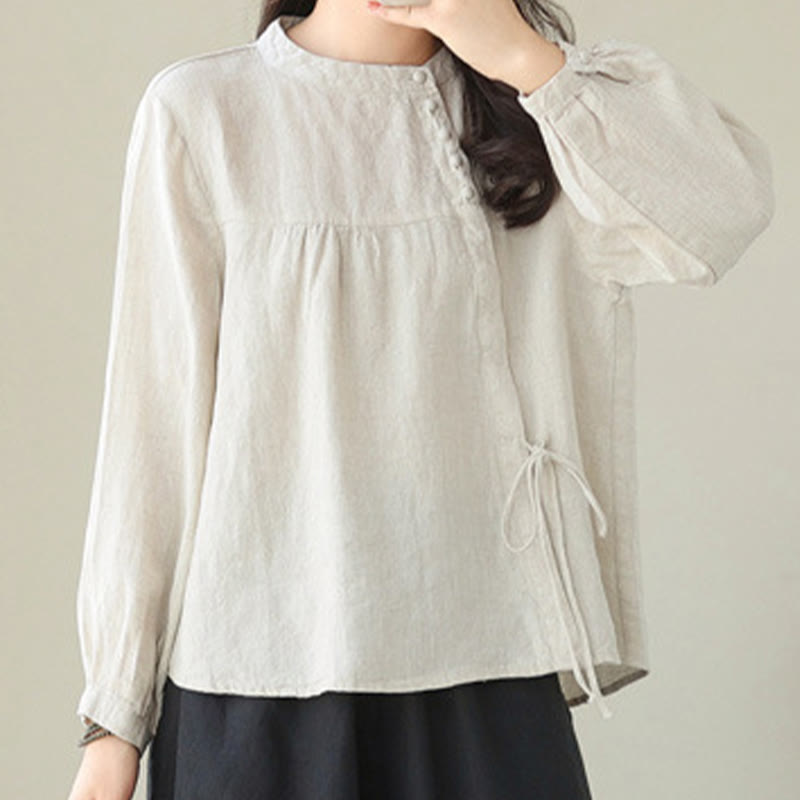 Chemise décontractée à manches longues et col montant pour femme, motif Buddha Stones , couleur unie, en coton et lin