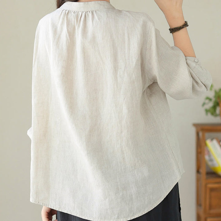 Chemise décontractée à manches longues et col montant pour femme, motif Buddha Stones , couleur unie, en coton et lin