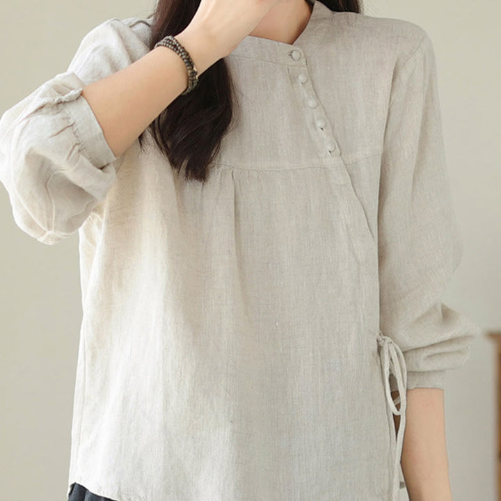 Chemise décontractée à manches longues et col montant pour femme, motif Buddha Stones , couleur unie, en coton et lin