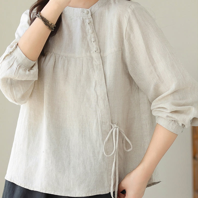 Chemise décontractée à manches longues et col montant pour femme, motif Buddha Stones , couleur unie, en coton et lin