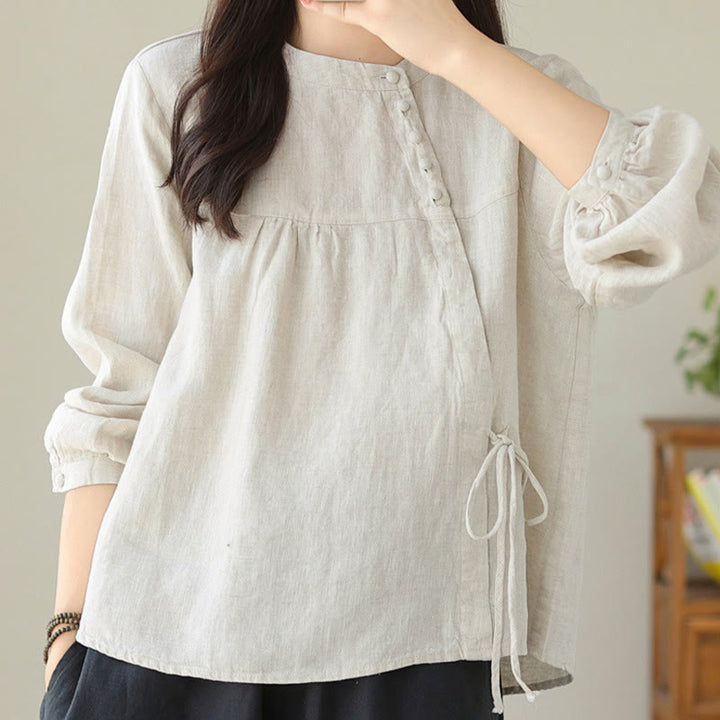 Chemise décontractée à manches longues et col montant pour femme, motif Buddha Stones , couleur unie, en coton et lin
