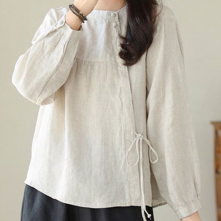 Chemise décontractée à manches longues et col montant pour femme, motif Buddha Stones , couleur unie, en coton et lin