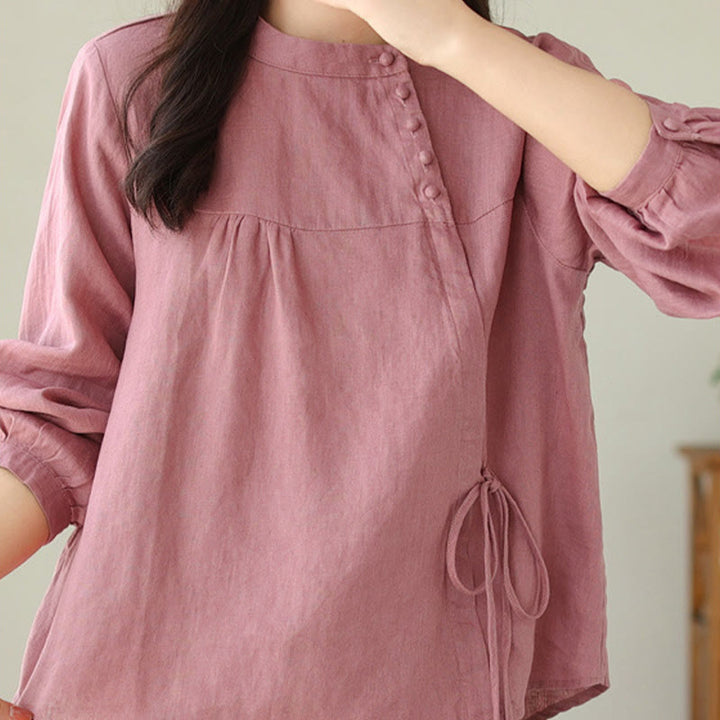 Chemise décontractée à manches longues et col montant pour femme, motif Buddha Stones , couleur unie, en coton et lin