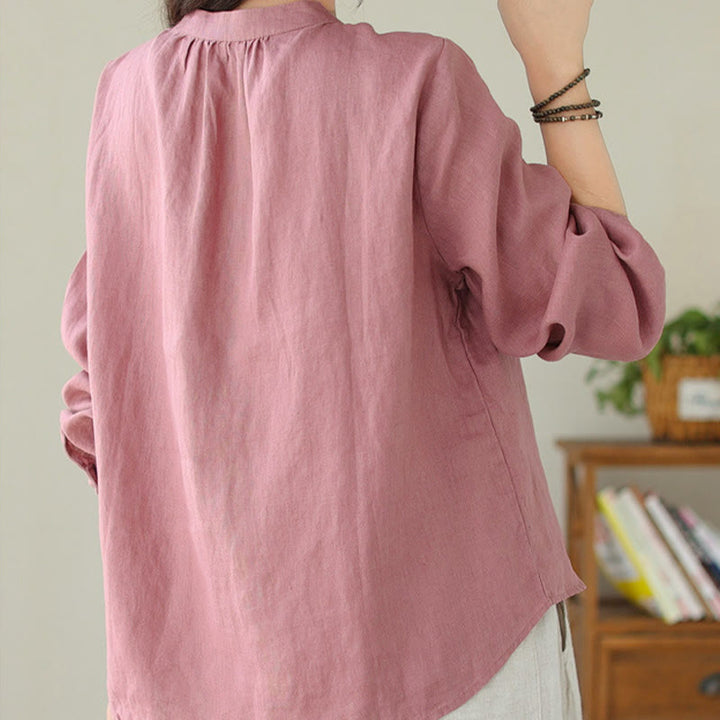 Chemise décontractée à manches longues et col montant pour femme, motif Buddha Stones , couleur unie, en coton et lin