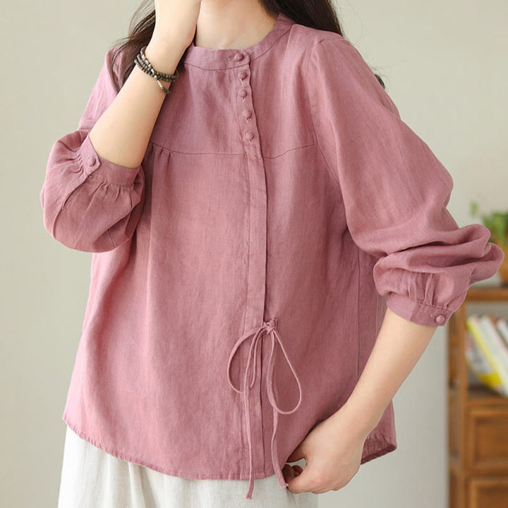 Chemise décontractée à manches longues et col montant pour femme, motif Buddha Stones , couleur unie, en coton et lin - image 26
