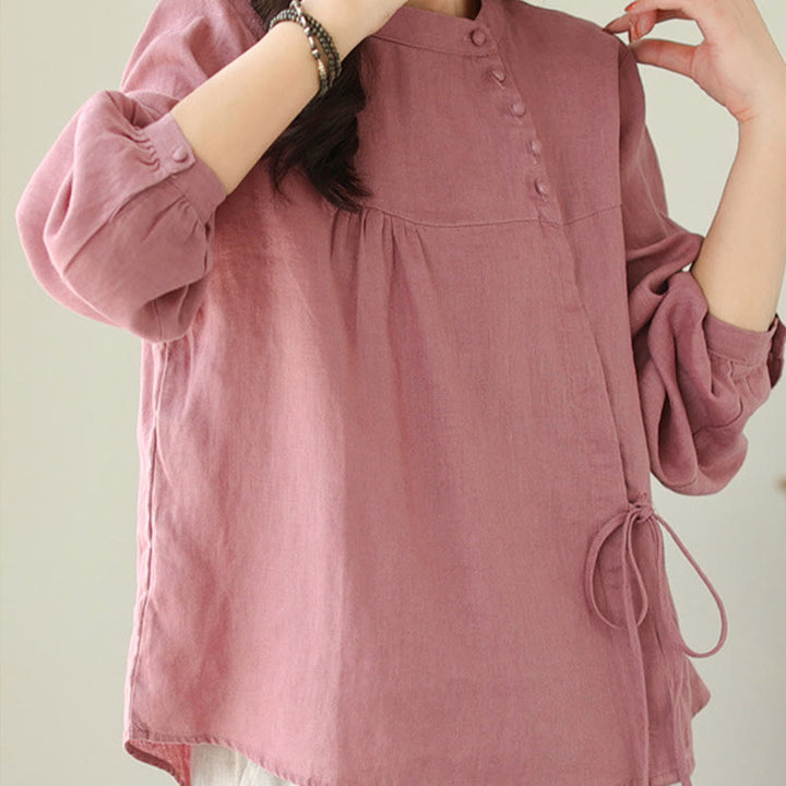 Chemise décontractée à manches longues et col montant pour femme, motif Buddha Stones , couleur unie, en coton et lin