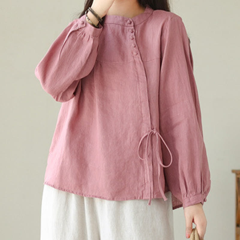 Chemise décontractée à manches longues et col montant pour femme, motif Buddha Stones , couleur unie, en coton et lin