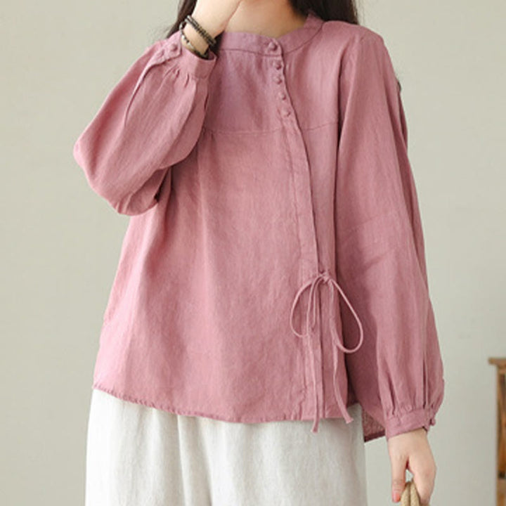 Chemise décontractée à manches longues et col montant pour femme, motif Buddha Stones , couleur unie, en coton et lin