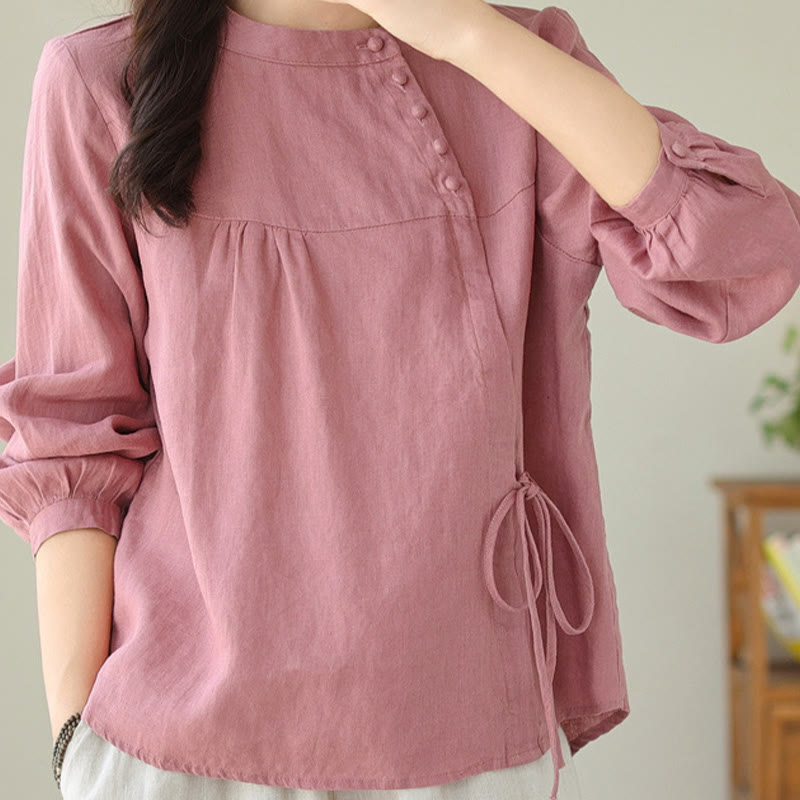 Chemise décontractée à manches longues et col montant pour femme, motif Buddha Stones , couleur unie, en coton et lin