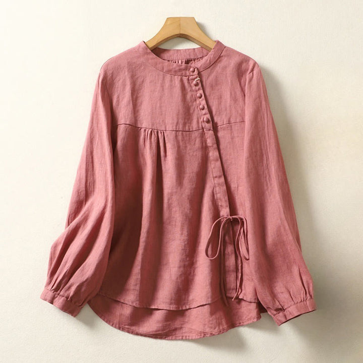 Chemise décontractée à manches longues et col montant pour femme, motif Buddha Stones , couleur unie, en coton et lin