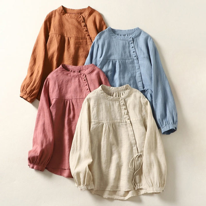 Chemise décontractée à manches longues et col montant pour femme, motif Buddha Stones , couleur unie, en coton et lin