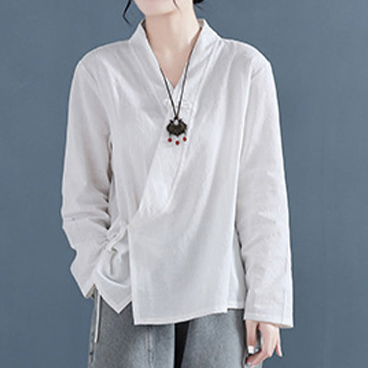 Chemise décontractée à manches longues en coton et lin pour femme, motif Buddha Stones, couleur unie, bouton grenouille, style zen