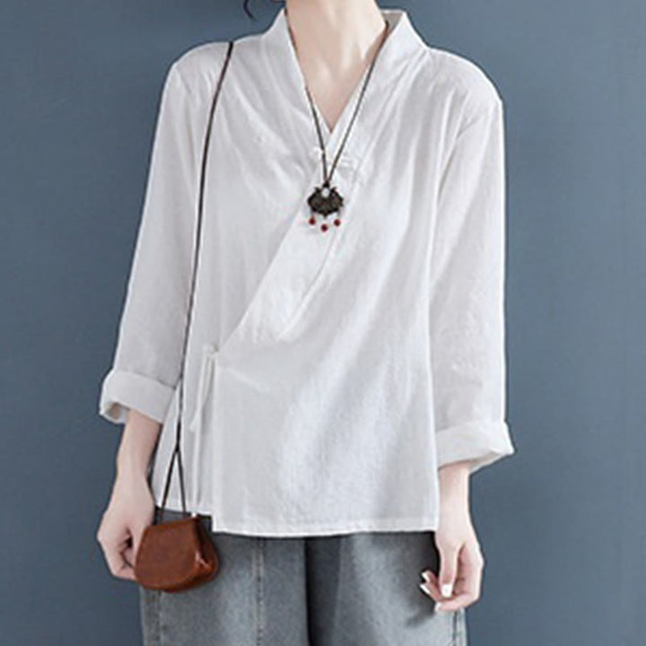 Chemise décontractée à manches longues en coton et lin pour femme, motif Buddha Stones, couleur unie, bouton grenouille, style zen
