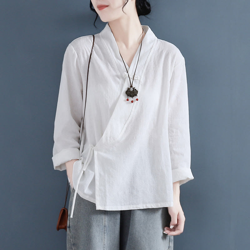 Chemise décontractée à manches longues en coton et lin pour femme, motif Buddha Stones, couleur unie, bouton grenouille, style zen - Blanc - US8-10，UK/AU12-14，EU40-42 (2XL) - image 0