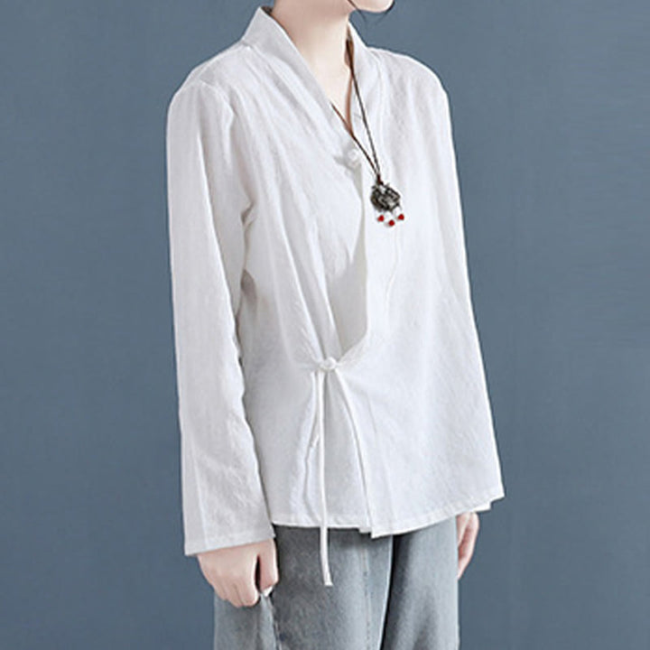 Chemise décontractée à manches longues en coton et lin pour femme, motif Buddha Stones, couleur unie, bouton grenouille, style zen