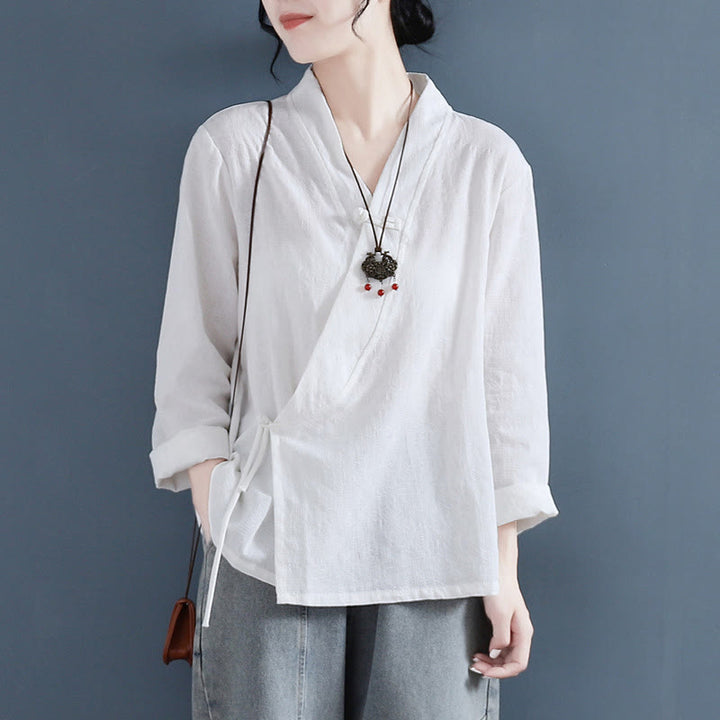 Chemise décontractée à manches longues en coton et lin pour femme, motif Buddha Stones, couleur unie, bouton grenouille, style zen