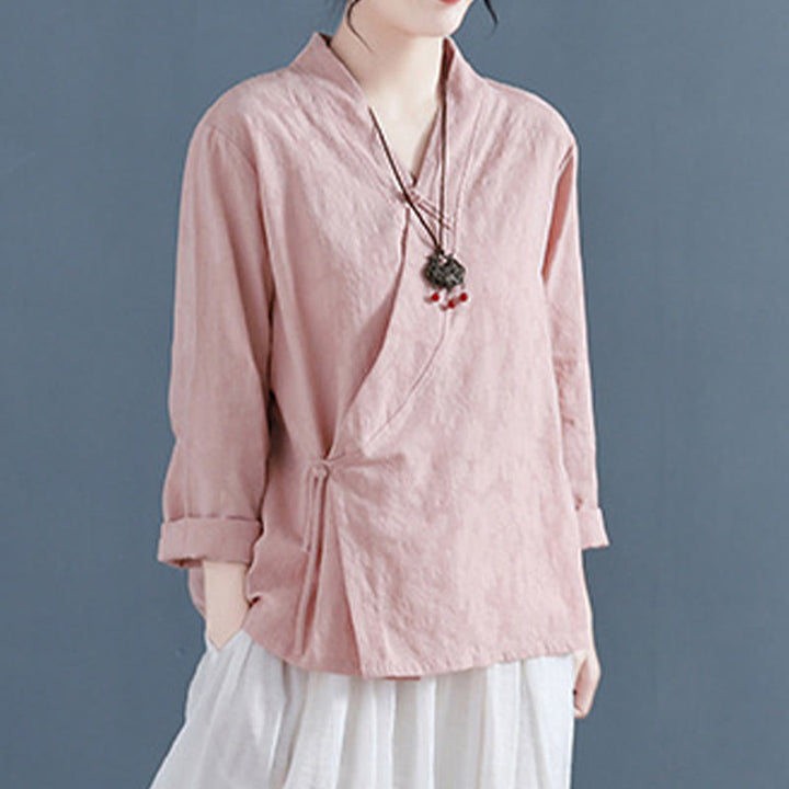 Chemise décontractée à manches longues en coton et lin pour femme, motif Buddha Stones, couleur unie, bouton grenouille, style zen