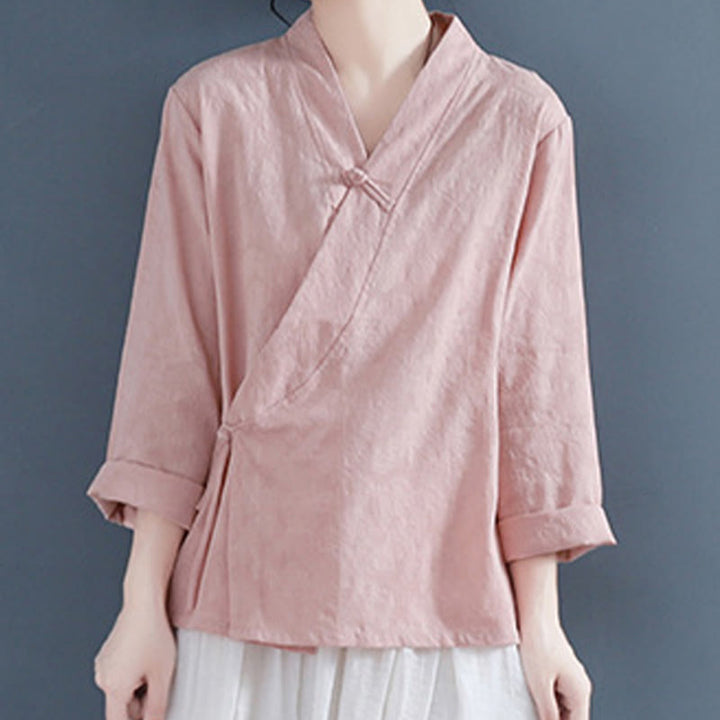 Chemise décontractée à manches longues en coton et lin pour femme, motif Buddha Stones, couleur unie, bouton grenouille, style zen