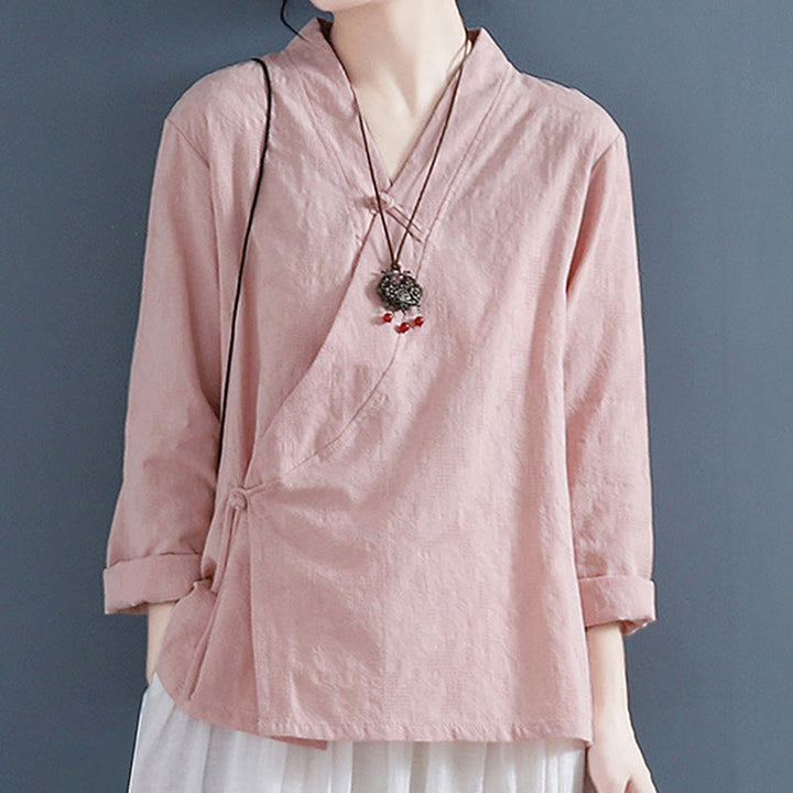 Chemise décontractée à manches longues en coton et lin pour femme, motif Buddha Stones, couleur unie, bouton grenouille, style zen
