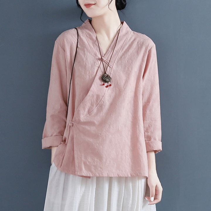 Chemise décontractée à manches longues en coton et lin pour femme, motif Buddha Stones, couleur unie, bouton grenouille, style zen